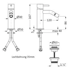 Herzbach DEEP IX Bidet-Einlochbatterie Mit Universal-Push-Ablaufventil