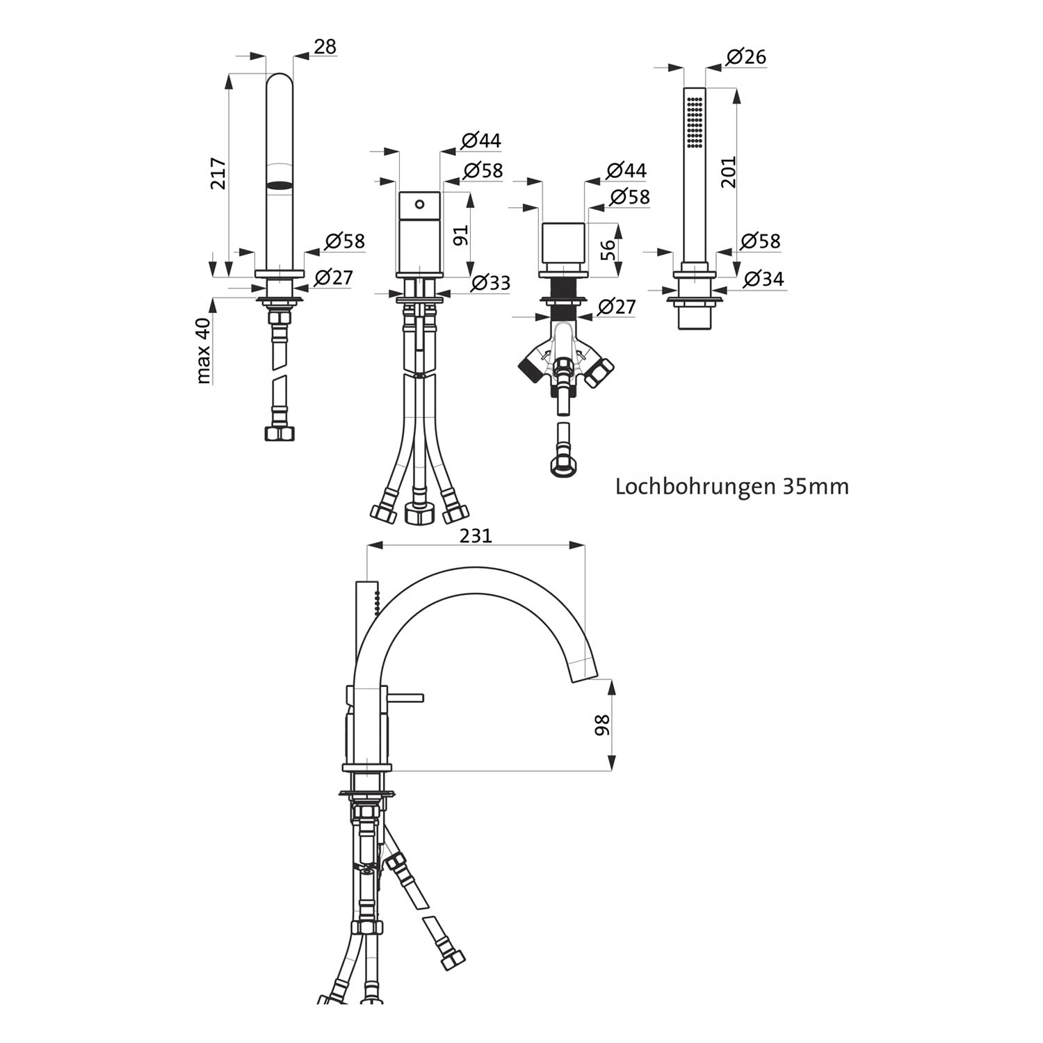 Herzbach DEEP Vierloch-Wannenarmatur Mit Stabhandbrause Kunststoff 3 Herzbach DEEP Vierloch-Wannenarmatur Mit Stabhandbrause Kunststoff