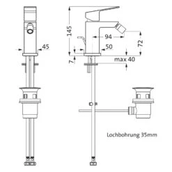 Herzbach NEO CASTELL Bidet-Einlochbatterie Mit Zugstangen-Ablaufgarnitur